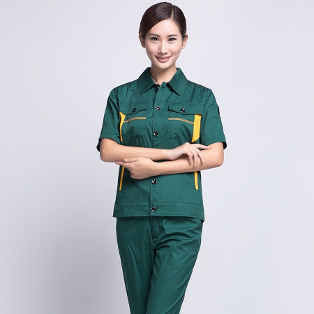 墨绿拼黄夏季工作服